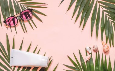 Metin için boş alan ile pembe arka plan üzerinde düz gezgin aksesuarları yatıyordu. En iyi görünüm seyahat veya tatil konsepti.