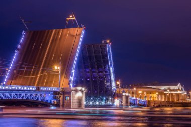 Rusya, Saint-Petersburg, 2 Haziran 2019: Palace Bridge, Old Saint Petersburg Menkul Kıymetler Borsası ve Rostral Columns