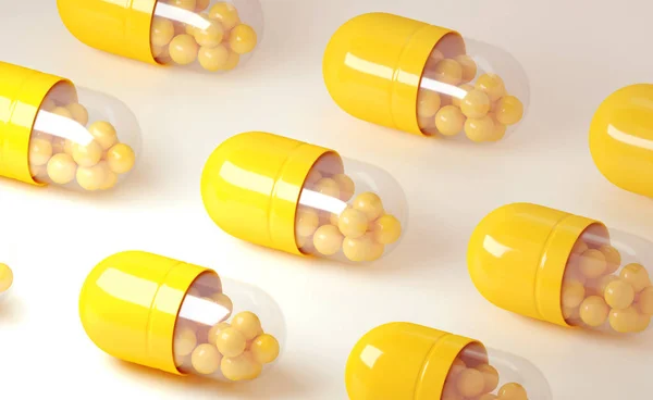 3d ilustración de un render de píldoras de cápsula amarilla sobre un fondo claro . —  Fotos de Stock