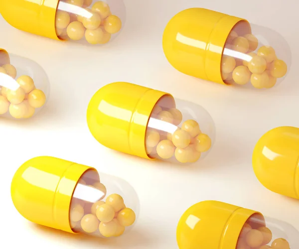 3d illustration of a render of yellow capsule pills on a light background.