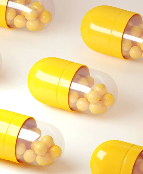 3d ilustración de un render de píldoras de cápsula amarilla sobre un fondo claro . —  Fotos de Stock