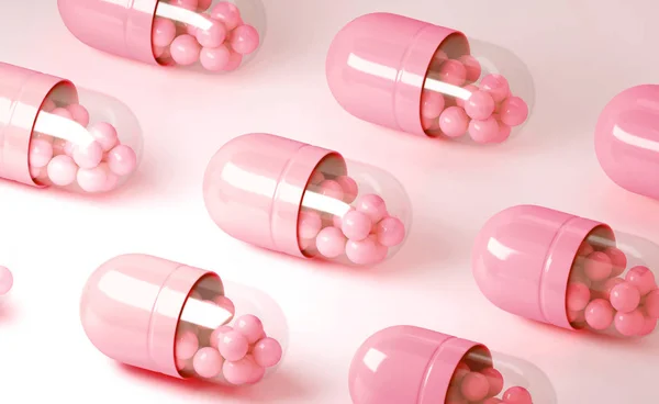 3d ilustración de un render de píldoras cápsula rosa sobre un fondo claro . —  Fotos de Stock