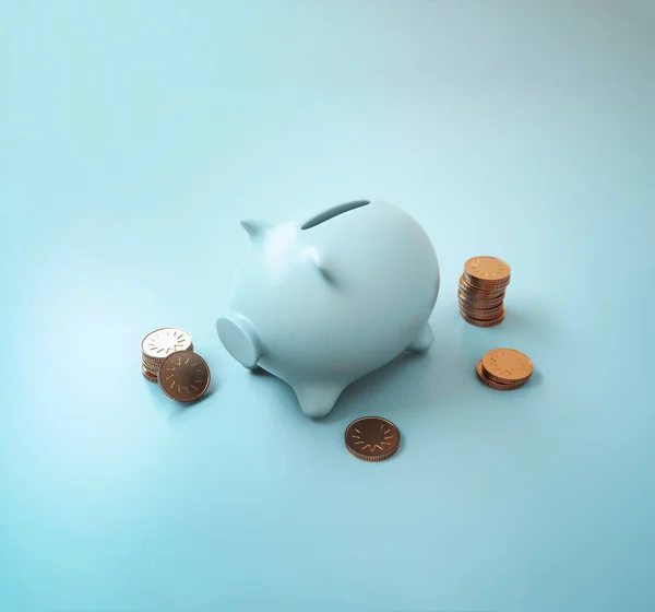 Toy piggy bank with coins. Metaphor of savings, bank. Concept - 3d illustration, visualization