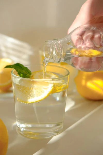 Agua Limón Con Limones Frescos Plantas Verdes —  Fotos de Stock