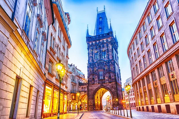 The Powder Tower in Prague, twilight view, no people — Stock Photo, Image
