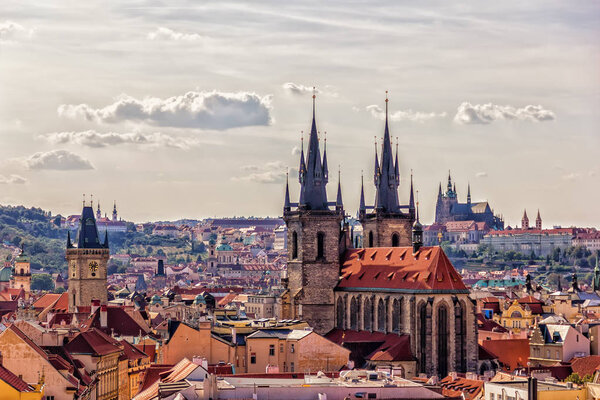 Church of Our Lady before Tyn and the Prague Castle on the background, Czech Republic, aerial view.
