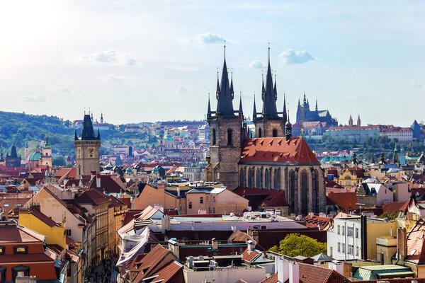 Church of Our Lady before Tyn and the Old City Hall aerial view, Prague.