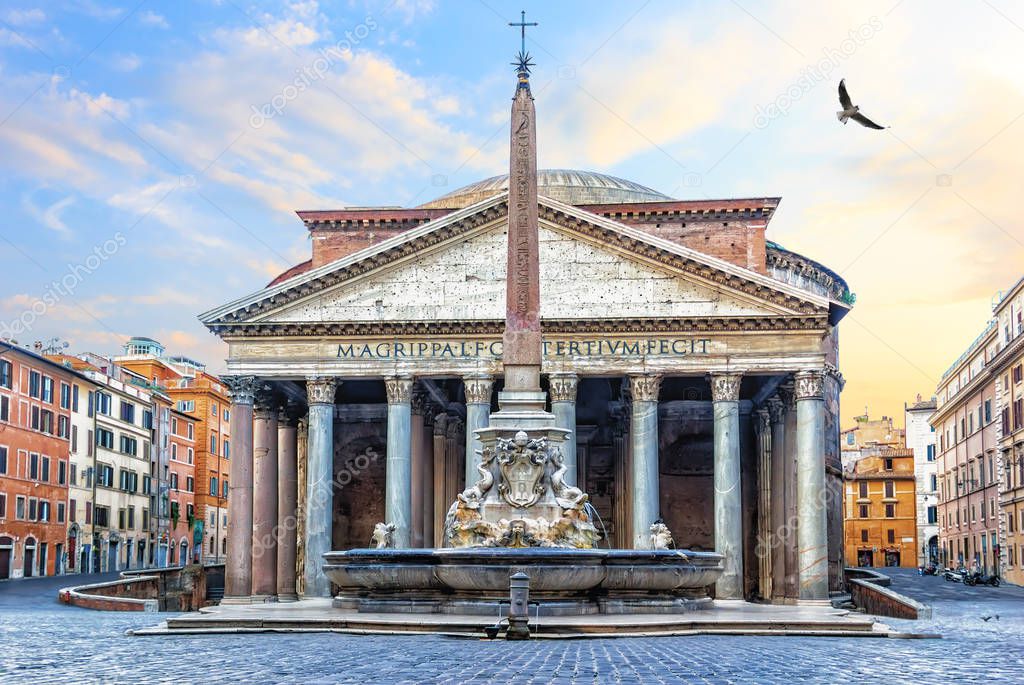 Pantheon in Rome, Italy, view on the temple and the fountain with a column in Rotonda Sqaure.