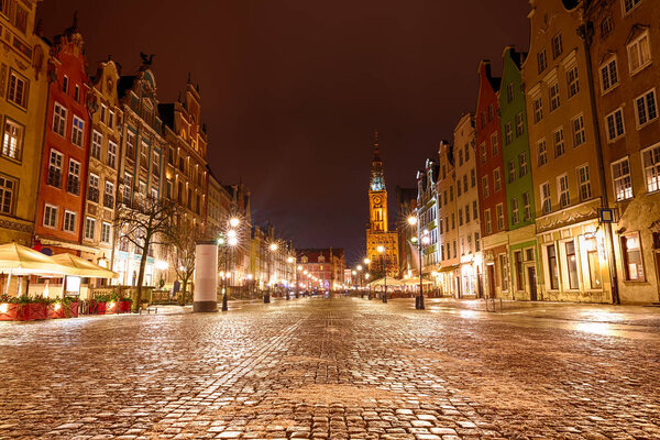 Gdansk main street Long Market in evening lights, Poland.