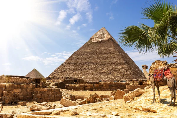 Piramidi di Giza, veduta sulla Piramide di Ghafre in un deserto soleggiato — Foto Stock