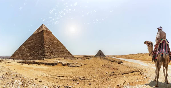 La Piramide di Ghafre e un beduino su un cammello, Giza, Egitto — Foto Stock