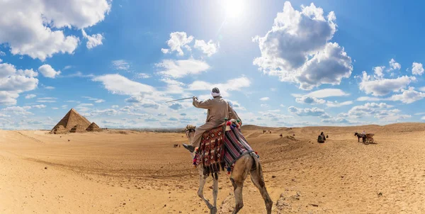 Een bedoeïenen op een kameel in de woestijn in de buurt van de piramides van Gizeh, bv — Stockfoto