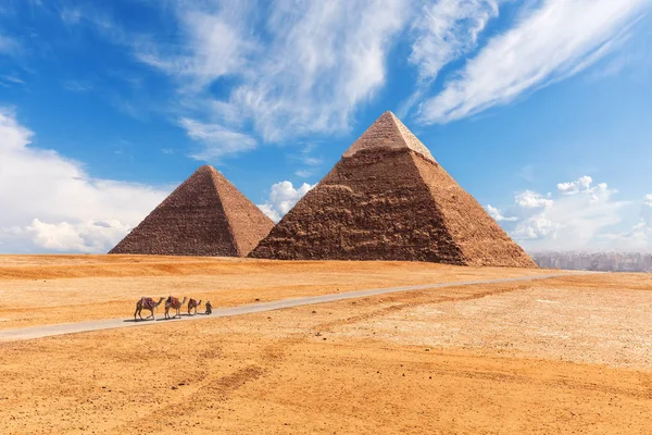 Piramidy w Gizie na pustyni, słoneczny dzień dekoracje — Zdjęcie stockowe
