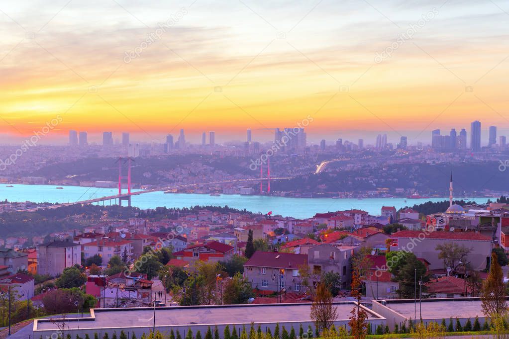 Colors of Istanbul, the Bosphorus bridge and the skyline of the city at sunset