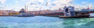 Yeni Valide Sultan Camii ve Galata Köprüsü, Boğaz 'dan panorama. İstanbul, Türkiye