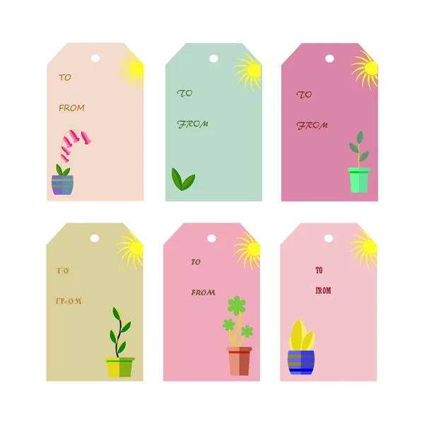 Set Vintage Gift Tags Plant Pots Sun — Stock Vector