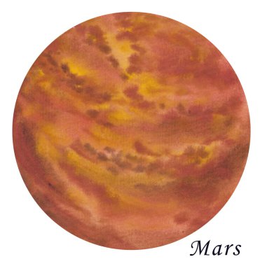 Mars gezegeni suluboya resim. Elle izole beyaz zemin üzerine çizilmiş.