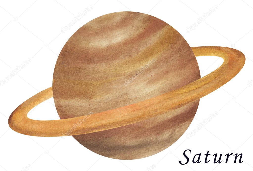 Saturn Planet watercolour illustration. Hand drawn on white background, isolated.