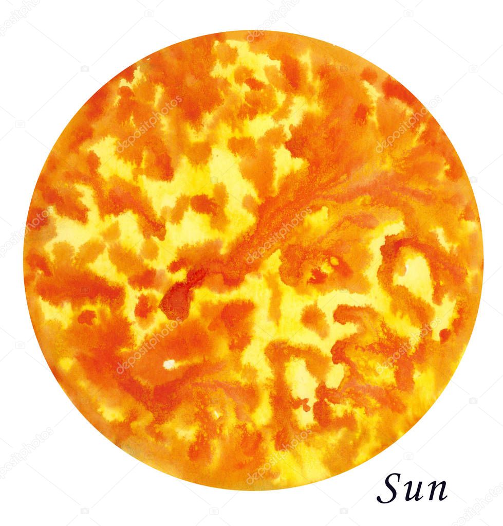 Sun star watercolour illustration. Hand drawn on white background, isolated.
