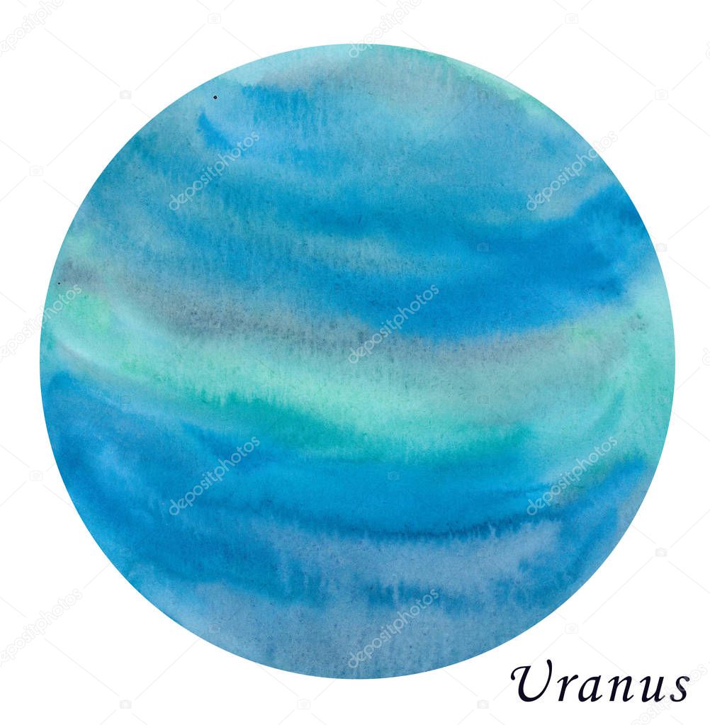 Uranus Planet watercolour illustration. Hand drawn on white background, isolated.