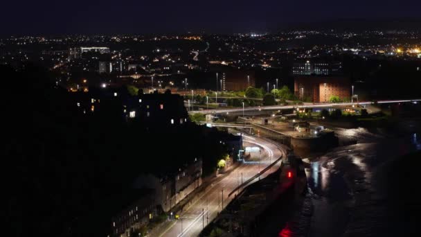 Bristol Luchtfoto Cityscape Time Lapse Nacht Tijd Lange Blootstelling Auto — Stockvideo