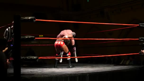 Pro Wrestling Match Zapaśnik Uderza Przeciwnika Pierścieniu — Wideo stockowe