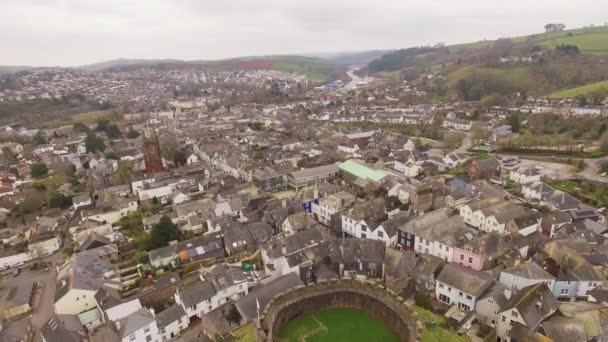 Ruínas Castelo Britânico Século Xiv Imagens Aéreas Drone Castelo Totnes — Vídeo de Stock