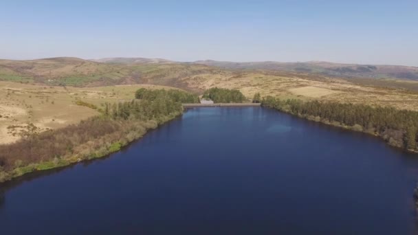 Aerial Drone Filmación Del Embalse Lago Rodeado Árboles Páramos Embalse — Vídeo de stock