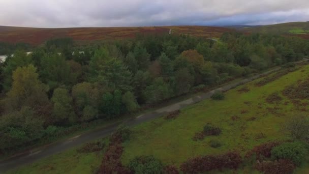 Aerial Drone Footage Reservoir Lake Surrounded Trees Moorland Venford Reservoir — Stock Video