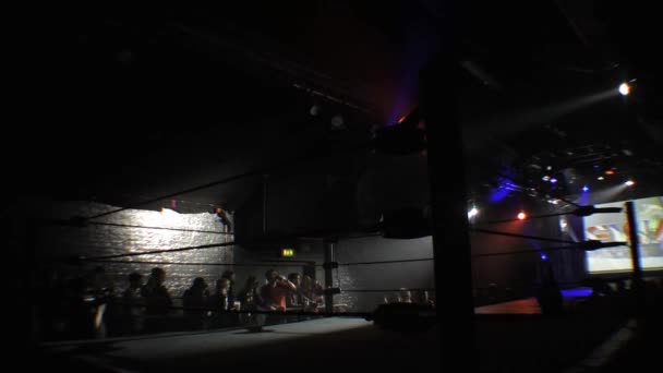 Empty Pro Wrestling Boxing Ring Flashing Stage Lights — Stock Video