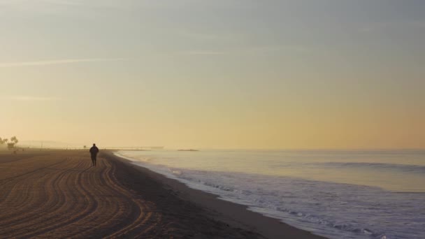 日の出 米国カリフォルニア州のベニス ビーチで砂のジョギングの人のシルエット — ストック動画