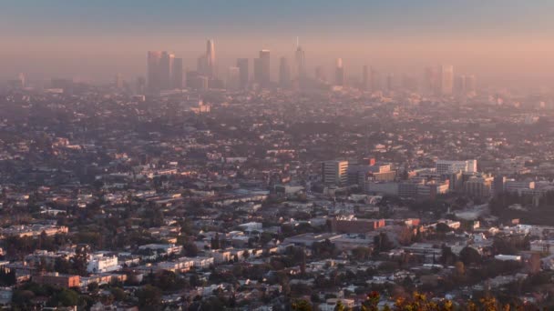 日没時間の経過 スモッグ ロサンゼルス都市景観 パノラマ空中汚染 — ストック動画
