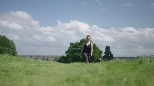若い女性が公園で綱にペット犬の散歩 夏の日の緑の草原 — ストック動画