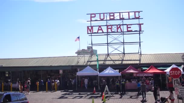 派克广场公共市场标志 西雅图市中心华盛顿 — 图库视频影像