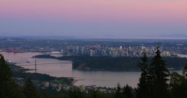 Vancouver Stad Zonsondergang Time Lapse Dag Tot Avonds Stadslichten Nachts — Stockvideo