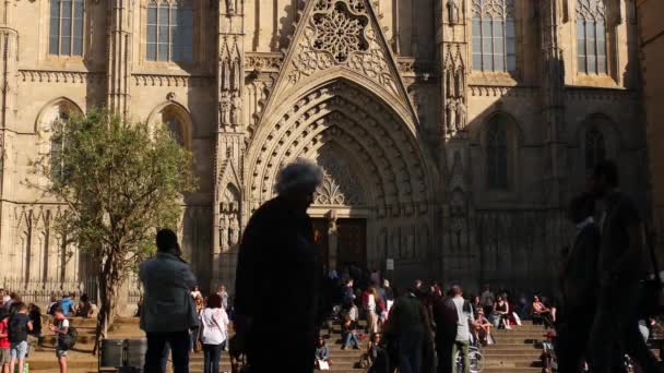 Toeristen Een Bezoek Aan Kathedraal Van Barcelona Barri Gothic Quarter — Stockvideo