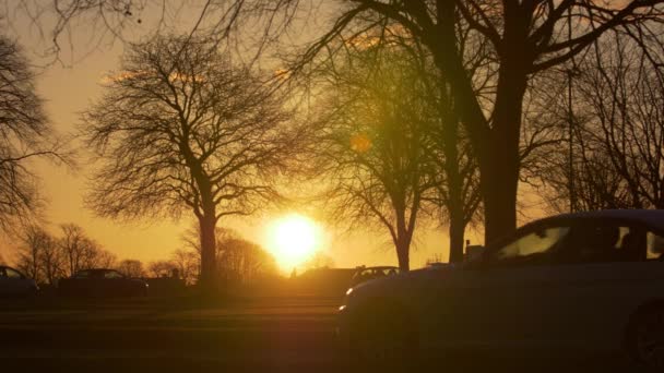 Νωρίς Πρωί Commuters Κυκλοφορίας Σκιαγραφία Ενάντια Golden Sun Rise — Αρχείο Βίντεο