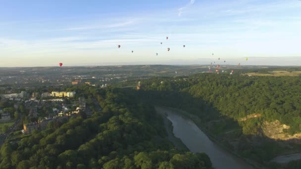 Letecká Drone Shot Horkovzdušné Balóny Létání Nad Lesní Říční Krajiny — Stock video