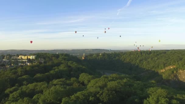 Luchtfoto Drone Schot Van Hete Lucht Ballonnen Vliegen Forest Rivierlandschap — Stockvideo