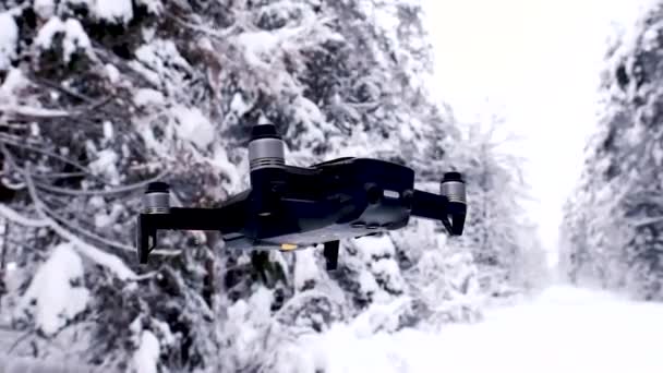 Drone Decolla Nella Foresta Invernale Lentamente — Video Stock