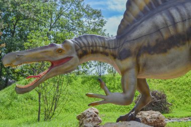 Baskılar için web siteleri, makaleler ve sunumlar için hayvanat bahçesi parkında tehlikeli dinozor