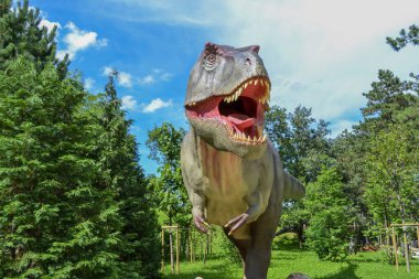 Baskılar için web siteleri, makaleler ve sunumlar için hayvanat bahçesi parkında tehlikeli dinozor