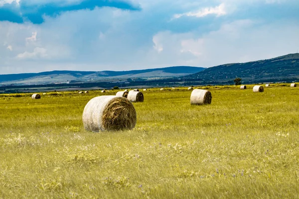 Balle Foin Sur Prairie Avec Ciel Bleu Collines Paysage Agricole — Photo