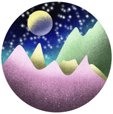 Dağlar ve güneş ile bir daire içinde rüya gibi el çizilmiş resimler