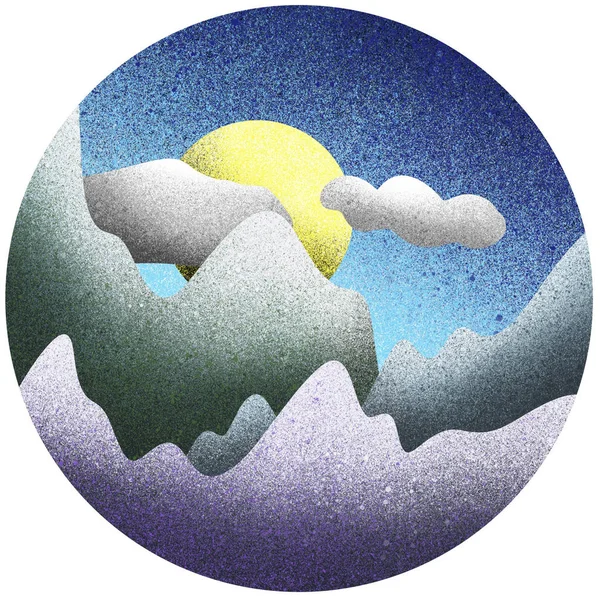 Dreamlike hand drawn paintings in a circle with mountains and sun