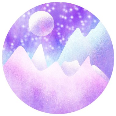 Daire şeklinde suluboya resimleri. Dijital boyalı dağlar