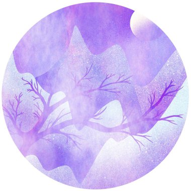 Daire şeklinde suluboya resimleri. Dijital boyalı dağlar