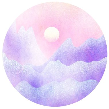 Daire şeklinde suluboya resimleri. Dijital boyalı dağlar