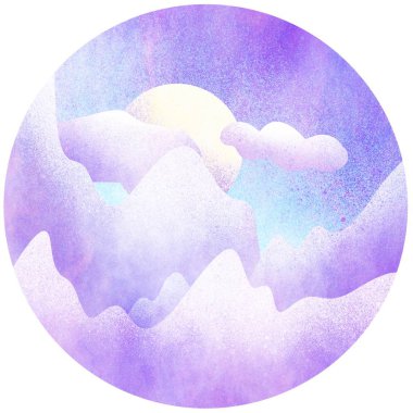 Daire şeklinde suluboya resimleri. Dijital boyalı dağlar