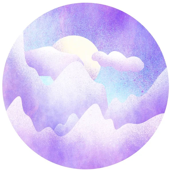 Daire şeklinde suluboya resimleri. Dijital boyalı dağlar